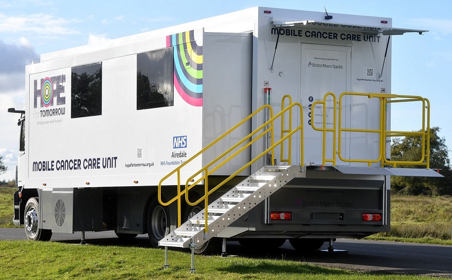 Mobile cancer treatment unit with extendable sides 
